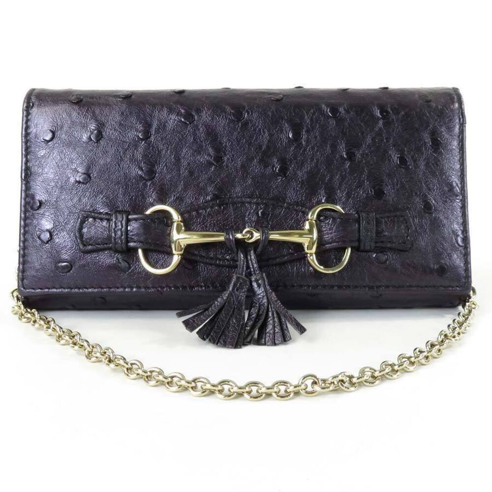 Gucci Bifold Long Wallet Tassel Horsebit Ostrich Leather Purple